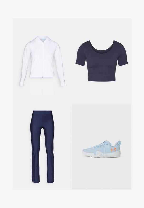 Bela, lahka jakna z zadrgo in kapuco, dolgimi rokavi in prilegajočim dizajnom. Narejena iz gladkega, zračnega materiala s sijajno površino.; Mornarska kratka majica s kratkimi rokavi, izdelana iz rebraste tkanine. Ima okrogel izrez in prilegan kroj.; ONLY Play ONPNINNA-1 JAZZ TRAIN - Pajkice - maritime blue; Svetlo modra športna čevlja iz mrežnega materiala s teksturirano podplatom, opremljena z oranžno logotipom in vezalnim dizajnom.