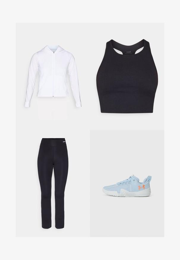 Chaqueta blanca, ligera, con cremallera y capucha, de mangas largas y diseño ajustado. Fabricada con un tejido suave y transpirable con un acabado elegante.; Top corto atlético negro hecho de material acanalado, con un diseño sin mangas y un escote redondeado con detalles en cortes.; Pantalones deportivos negros con una textura suave, una cinturilla elástica ancha y un diseño ajustado, que se estrecha ligeramente hacia el tobillo.; Zapatilla deportiva de color azul claro hecha de material de malla con una suela texturizada, que presenta un logo naranja y un diseño de cordones.