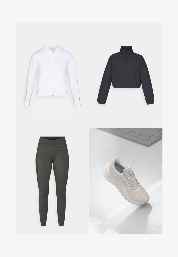 Biela, ľahká zateplená bunda s kapucňou, dlhými rukávmi a priliehavým strihom. Vyrobená z hladkej, priedušnej tkaniny s elegantným povrchom.; Skraťená čierna bunda s vysokým golierom, 1/4 zipsom, elastickým lemom a dlhými rukávmi; vyrobená z hladkej, ľahkej látky.; Legíny s vysokým pásom v olivovej zelenej farbe, vyrobené z elastického materiálu s hladkou textúrou a plochými švami, ktoré ponúkajú priliehavý strih.; Svetlo béžová atletická obuv s perforovaným zvrškom, textúrovanými akcentmi, polstrovaným golierom a bielou gumovou podrážkou, navrhnutá pre pohodlie a priedušnosť.