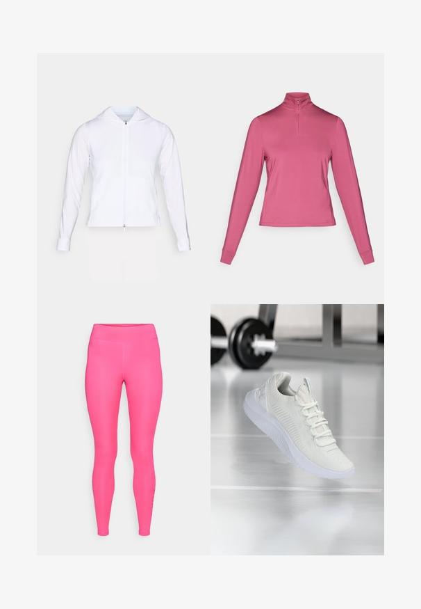Fehér, könnyű, cipzáras dzseki kapucnival, hosszú ujjakkal és testhezálló fazonnal. Simogató, lélegző anyagból készült, elegáns felülettel.; Rózsaszín, hosszú ujjú pulóver, állógallérral és félig cipzárral; sima, rugalmas anyagból készült, illeszkedő mandzsettákkal és egyenes szegéllyel.; Fényes rózsaszín leggings sima, rugalmas textúrával; magas derekú kialakítás és testhez simuló forma; diszkrét oldalsó részletekkel rendelkezik.; Fehér sportcipő, texturált hálós felsőrésszel és fűzős rendszerrel, párnázott fehér talppal és finom bordázott részletekkel.