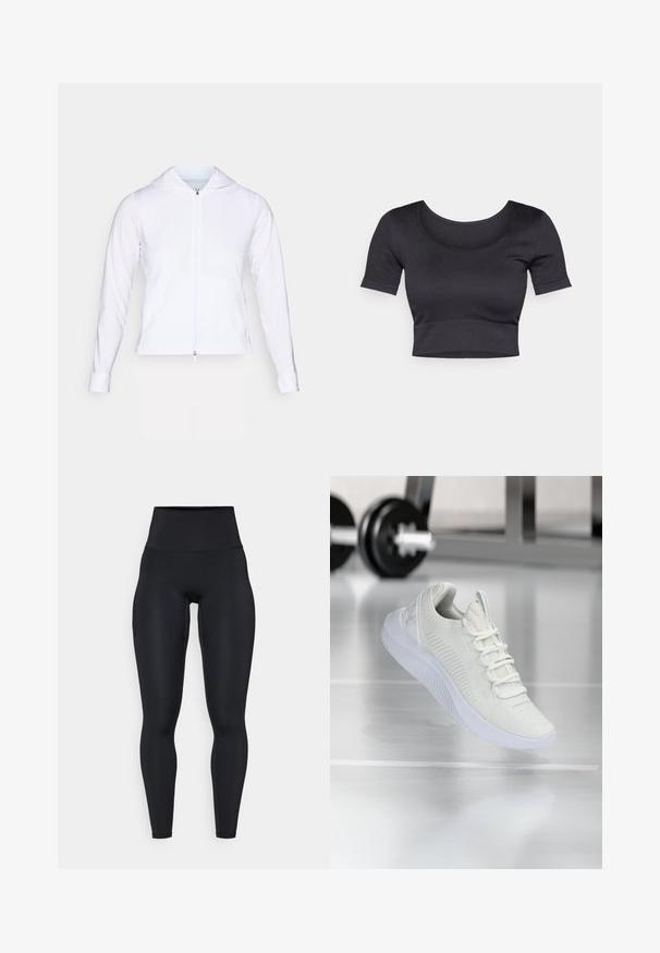Biela, ľahká zateplená bunda s kapucňou, dlhými rukávmi a priliehavým strihom. Vyrobená z hladkej, priedušnej tkaniny s elegantným povrchom.; Čierny rebrovaný krátky top s krátkymi rukávmi, širokým okrúhlym výstrihom a fitted pásom na dne. Mäkká textúra, ležérny dizajn.; Čierne legíny s vysokým pásom vyrobené z elastického materiálu, s hladkou textúrou, priliehavým strihom a detailom bočných vreciek.; Biele atletické tenisky s textúrovaným sieťovým zvrškom a systémom šnurovania, so zvýšenou bielou podrážkou a jemnými ryhovanými akcentmi.