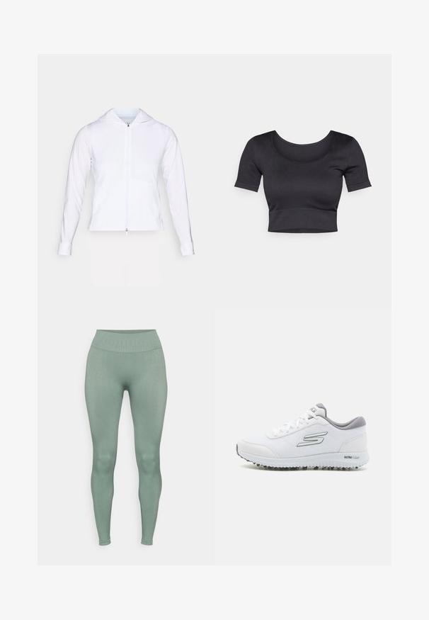 Balts, viegls, ar rāvējslēdzēju aizverams apģērbs ar kapuci, garām piedurknēm un pieguļošu dizainu. Izgatavots no gludas, elpojošas auduma ar stilīgu apdari.; Melnas ribotas īsās piedurknes apgrieztais tops ar plašu apaļu dekoltē un pieguļošu joslu apakšā. Maiga tekstūra, ikdienišķs dizains.; Pielāgotas, elastīgas legingas bālā zaļā krāsā ar teksturētu augsto jostasvietu. Gluda tekstūra bez redzamām rakstzīmēm vai papildinājumiem.; Baltie sporta apavi ar teksturētu sietu augšpusi, sudraba akcentiem un vieglu zoli ar mazām saķeres uzlikām, apzīmēti "ULTRA FLIGHT."