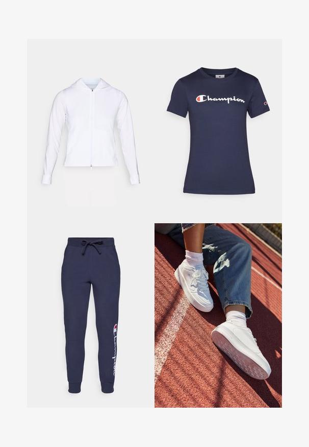 Weiße, leichte Zip-Jacke mit Kapuze, langen Ärmeln und tailliertem Design. Hergestellt aus glattem, atmungsaktivem Stoff mit einem eleganten Finish.; Dunkelblaue Baumwoll-T-Shirt mit kurzen Ärmeln, ausgestattet mit einem weißen "Champion"-Logo. Normale Passform mit Rundhalsausschnitt und weichem Material.; Dunkelblaue Sweatpants mit einem Zugbandbund, elastischen Bündchen und einem weißen Champion-Logo-Design entlang des linken Beins. Weiches Baumwollmischmaterial.; Weiße Ledersneaker mit perforierter Zehenpartie, flachen Schnürsenkeln und Gummisohle. Getragen mit weißen Socken und hellblauen Jeans, auf einer roten Laufbahn.