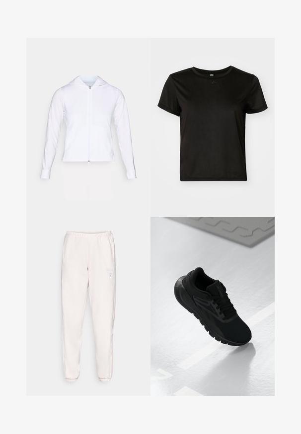 Balta, lengva užtrauktuko striukė su gobtuvu, ilgomis rankovėmis ir prigludusiu dizainu. Pagaminta iš lygaus, kvėpuojančio audinio su glotnia apdaila.; Juodas trumpomis rankovėmis marškinėliai, pagaminti iš lygios medžiagos, su apvaliais iškirpimais ir laisvu siluetu. Turi minimalų dizaino akcentą.; Šviesiai rožiniai sportiniai džinsai, pagaminti iš minkštos medžiagos, su elastingu juosmeniu, šoninėmis juostelėmis ir maža logotipu kairėje šlaunoje.; Juodas sportinis batelis su tinkleliu viršuje, apvaliu nosiu, paminkštintu padu ir tekstūruotais akcentais, padėtas ant lygios baltos paviršiaus.