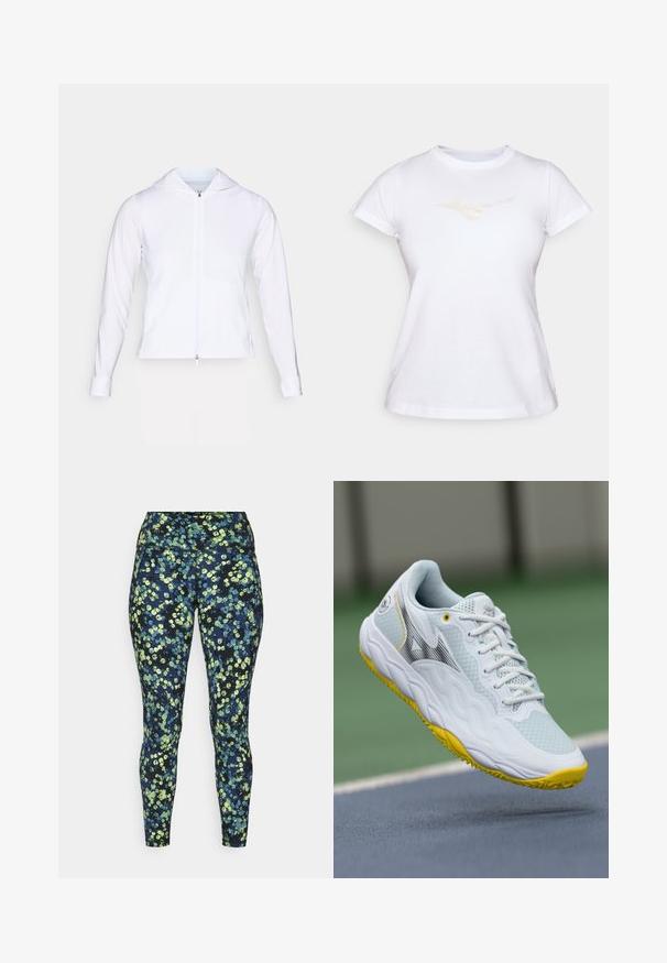 Fehér, könnyű, cipzáras dzseki kapucnival, hosszú ujjakkal és testhezálló fazonnal. Simogató, lélegző anyagból készült, elegáns felülettel.; Fehér pamut póló rövidujjakkal és kerek nyakkivágással; a mellkason egy visszafogott, világos színű logó található.; Szűk szabású leggings sötétkék alapon, zöld és kék absztrakt pöttyös mintázattal. Széles derékpánttal és tartós anyagból készült.; Fehér sportcipő textúrázott hálós felsőrészsel, sárga kiemelésekkel a talpon, és letisztult dizájnnal, fekete logó részlettel.