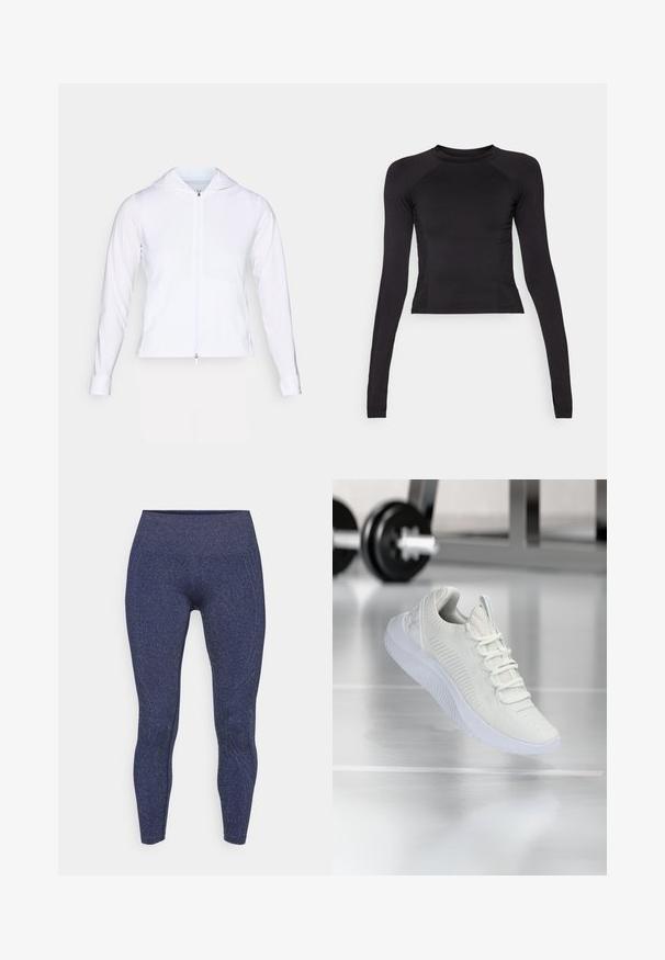 Witte, lichtgewicht ritsjack met capuchon, lange mouwen en een aangesloten ontwerp. Gemaakt van gladde, ademende stof met een elegante afwerking.; Zwarte lange mouwen crop top van rekbaar materiaal, met een ronde halslijn en raglanmouwen met subtiele stiknaaddetails.; Marineblauwe legging met een gestructureerde, sprankelende afwerking. Voorzien van een hoge tailleband en contournaden voor een aansluitende silhoutte.; Witte sport sneaker met een gestructureerde mesh bovenkant en vetersysteem, voorzien van een gewatteerde witte zool en subtiele ribbelaccenten.