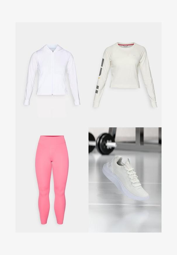 Valkoinen, kevyt, vetoketjullinen takki hupulla, pitkät hihat ja tiukka muotoilu. Valmistettu sileästä, hengittävästä kankaasta, jossa on tyylikäs viimeistely.; Vaaleankerman pitkähihaisessa crop-topissa on raglan-hihat, ja siinä on pieni logo rinnassa sekä graafisia yksityiskohtia vasemmassa hihassa.; Vaaleanpunaiset aktiiviset legginssit, joissa on korkea vyötärö, valmistettu joustavasta materiaalista. Ominaisuudet include tasainen rakenne ja ei näkyviä kuvioita tai yksityiskohtia.; Valkoiset urheilukengät, joissa on teksturoitu verkkopintainen yläosa ja nauhoitusjärjestelmä. Kenkäpareissa on pehmustettu valkoinen pohja ja hienovaraiset uritetut yksityiskohdat.