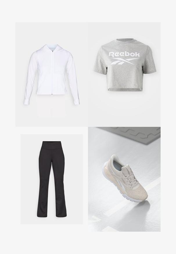 White, lightweight zip-up jacket with a hood, long sleeves, and fitted design. Made from smooth, breathable fabric with a sleek finish.; Gray cropped t-shirt made of cotton, featuring a round neckline and short sleeves, with white "Reebok" text and logo printed on the front.; Black flared yoga pants made of stretchy material. High waistband, smooth texture, and no visible patterns or hardware details.; Light beige athletic shoe with a perforated upper, textured accents, padded collar, and white rubber sole, designed for comfort and breathability.