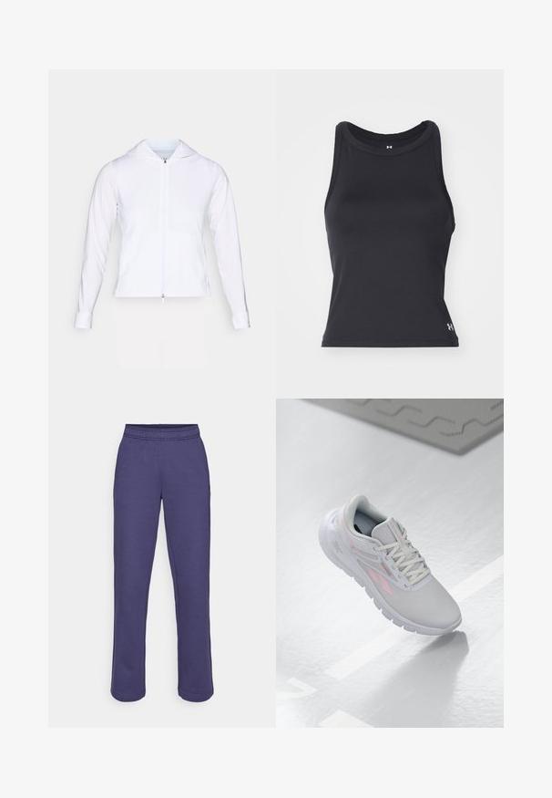 Fehér, könnyű, cipzáras dzseki kapucnival, hosszú ujjakkal és testhezálló fazonnal. Simogató, lélegző anyagból készült, elegáns felülettel.; Fekete, ujjatlan sportpóló, kerek nyakkivágással, sima, rugalmas anyagból készült. A jobb alsó sarokban egy kis logó található.; Lilás szabadidőnadrág, rugalmas derékkal, egyenes szabással és puha pamut keverék anyaggal. Nincsenek látható minták vagy fémrészletek.; Világosszürke sportcipő rózsaszín kiegészítőkkel, hálós felsőrésszel, lekerekített orral, párnázott talppal és fűzős záródással. A felület sima és fényvisszaverő.