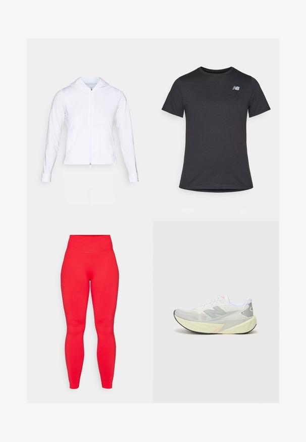 Vit, lättvikts zip-up jacka med huva, långa ärmar och åtsittande design. Tillverkad av ett slätt, andningsbart tyg med en elegant finish.; Svart t-shirt med kort ärm, tillverkad av mjukt tyg, med en liten grå New Balance-logotyp på övre vänstra bröstet, klassisk rundhalsdesign.; Röda högmidjade leggings gjorda av stretchigt tyg, med en jämn yta och en åtsittande design som smalnar av vid anklarna.; Lättvikts löparskor med ett grått och vitt nätöverkast, en framträdande 'N' logotyp och en gul mellansula med vinklade detaljer. Svart yttersula.