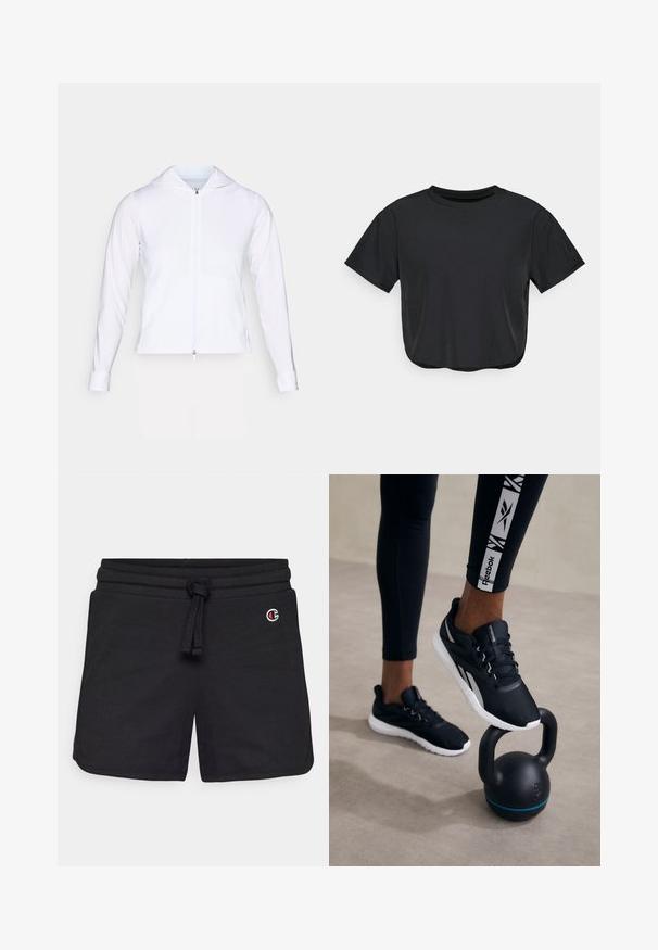 White, lightweight zip-up jacket with a hood, long sleeves, and fitted design. Made from smooth, breathable fabric with a sleek finish.; Black cropped t-shirt made of soft material, featuring a round neckline, short sleeves, and a relaxed fit. Subtle stitching details.; Black sweat shorts made of soft fabric, featuring an elastic waistband with a drawstring and a small embroidered logo on the front.; Black athletic shoes with a textured upper, white sole, and gray accents, positioned on a black kettlebell with a blue stripe, against a neutral background.