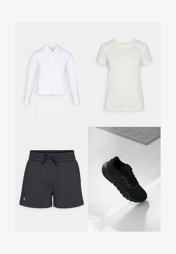 Hvit, lett zip-jakke med hette, lange ermer og figursydde detaljer. Laget av glatt, pustende stoff med en elegant overflate.; Hvit t-skjorte med kort erm laget av mykt stoff, med rund hals og en avslappet passform med glatte, sømløse skulderdetaljer.; Sorte bomullsshorts med elastisk midje og snøring. Har sidelommer og en liten logo på venstre ben.; Sorte treningssko med mesh-overdel, rund tå, polstret såle og teksturerte detaljer, plassert på en glatt hvit overflate.