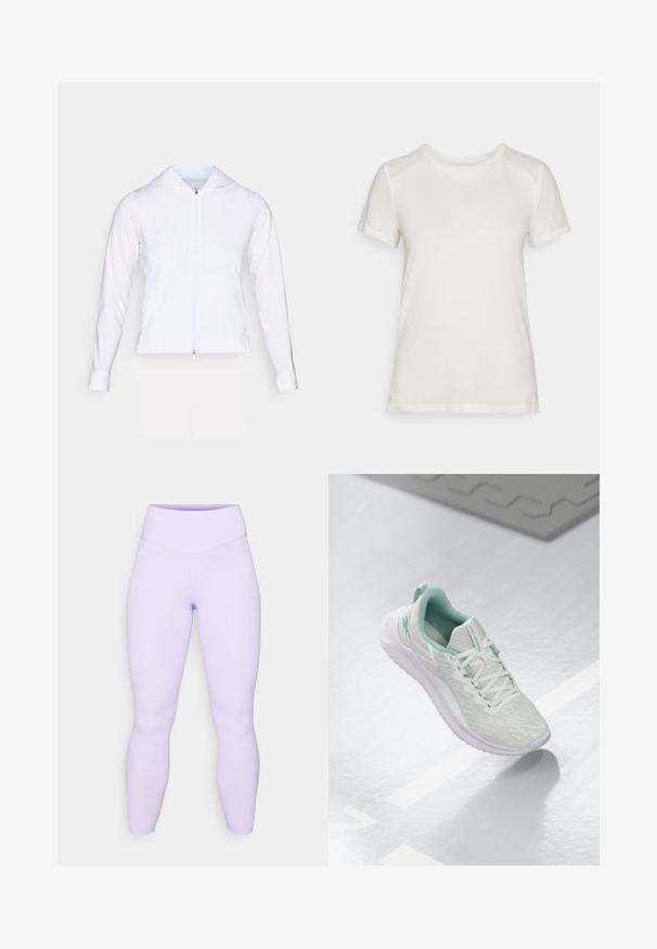 Biela, ľahká zateplená bunda s kapucňou, dlhými rukávmi a priliehavým strihom. Vyrobená z hladkej, priedušnej tkaniny s elegantným povrchom.; Biela tričko s krátkym rukávom vyrobené z jemnej látky, s okrúhlym výstrihom a voľným strihom s hladkými, bezšvovými detailmi na pleciach.; Fialové legíny s vysokým pásom, hladkou textúrou a priliehavým strihom, ktoré siahajú až po členky bez viditeľných švov alebo vzorov.; Svetlošedé športové topánky s štruktúrovaným pleteným zvrškom, mätozelenými akcentmi, bielymi šnúrkami, gumovou podrážkou a pútkom na päte.