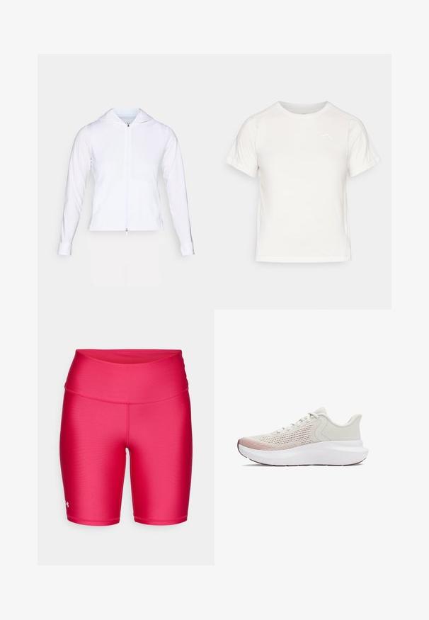 Chaqueta blanca, ligera, con cremallera y capucha, de mangas largas y diseño ajustado. Fabricada con un tejido suave y transpirable con un acabado elegante.; Camiseta blanca ligera con mangas cortas, cuello redondo y un pequeño logo en la esquina superior izquierda. Tejido suave con un sutil brillo.; Shorts deportivos rosas hechos de una tela suave y elástica. Cintura alta, de corta longitud y con costuras reforzadas. El logo del producto aparece en el lateral.; Zapatillas deportivas ligeras con una parte superior de malla blanca transpirable, acentos en degradado de color rosa y una suela blanca gruesa con detalles texturizados.