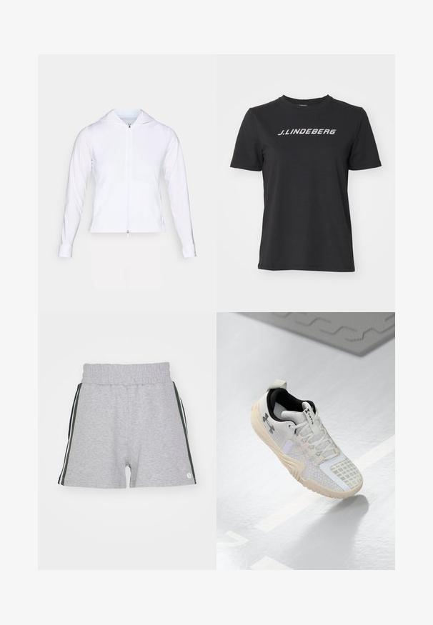 Fehér, könnyű, cipzáras dzseki kapucnival, hosszú ujjakkal és testhezálló fazonnal. Simogató, lélegző anyagból készült, elegáns felülettel.; Fekete pamut póló fehér "J.Lindberg" logóval a mellkason. Rövid ujjú, kerek nyakú és szabványos fazonú.; Szürke pamut rövidnadrág elasztikus derékkal, sötétzöld és tengerészkék oldalsávokkal, valamint egy kis logóval az alján.; Fehér sportcipő, textúrált hálós felsőrésszel, fekete belső résszel és bézs gumitalppal, amely mintás tapadást biztosít. Diszkrét részletekkel kiemelve.