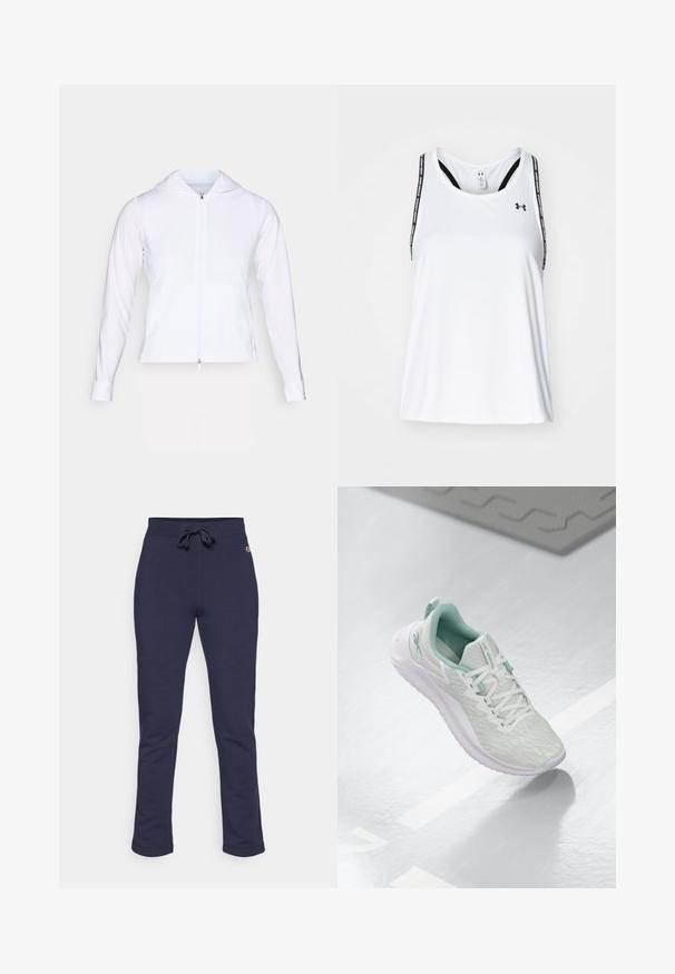 Weiße, leichte Zip-Jacke mit Kapuze, langen Ärmeln und tailliertem Design. Hergestellt aus glattem, atmungsaktivem Stoff mit einem eleganten Finish.; Weißes sportliches Tanktop mit dünnen schwarzen Trägern, das mit einem Logo und Text bedruckt ist, aus leichtem, atmungsaktivem Stoff gefertigt; lockerer Schnitt.; Navyblaue Jogginghose aus weichem Stoff, mit einem verstellbaren Kordelzugbund, geraden Beinen und einem kleinen Logo an der Seite.; Hellgraue Sportchuhe mit einem strukturierten Strickoberteil, mintgrünen Akzenten, weißen Schnürsenkeln, Gummisohle und einer Schlaufe an der Ferse.