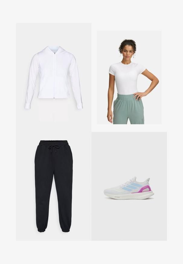 Bela, lahka jakna z zadrgo in kapuco, dolgimi rokavi in prilegajočim dizajnom. Narejena iz gladkega, zračnega materiala s sijajno površino.; Bela prilegajoča majica s kratkimi rokavi, kombinirana z lahkimi hlačami z elastičnim pasom v svetlo zeleni barvi. Gladka tekstura, minimalistična zasnova in brez vidnih vzorcev.; Črne trenirke iz mehkega materiala, ki imajo elastični pas z vrvico, stranske žepe in elastične manšete na gležnjih.; adidas Performance PUREBOOST 5 - Tekaški copati za cesto - white/glow blue/purple burst