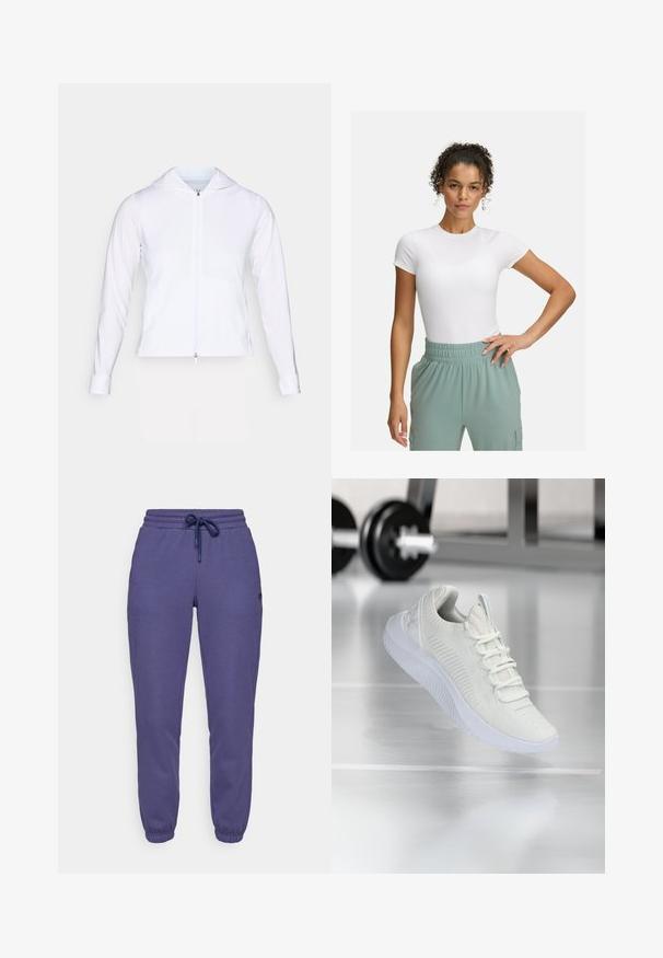 White, lightweight zip-up jacket with a hood, long sleeves, and fitted design. Made from smooth, breathable fabric with a sleek finish.; White fitted t-shirt with short sleeves, paired with light green elastic waistband pants. Smooth texture, minimalist design, and no visible patterns.; Purple sweatpants made of soft fabric, featuring an elasticated waistband with drawstring and cuffed ankle hems.; White athletic sneaker with a textured mesh upper and lacing system, featuring a cushioned white sole and subtle ribbed accents.