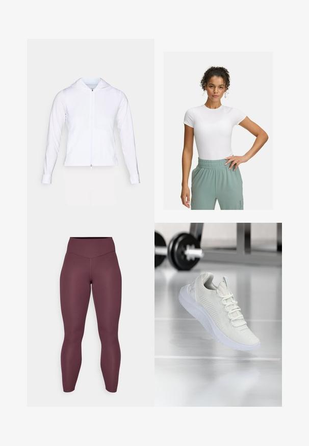 Bela, lahka jakna z zadrgo in kapuco, dolgimi rokavi in prilegajočim dizajnom. Narejena iz gladkega, zračnega materiala s sijajno površino.; Bela prilegajoča majica s kratkimi rokavi, kombinirana z lahkimi hlačami z elastičnim pasom v svetlo zeleni barvi. Gladka tekstura, minimalistična zasnova in brez vidnih vzorcev.; Bordo legice iz raztegljivega materiala; visok pas, prilegajoča zasnova, gladka tekstura, brezšivno šivanje in brez vidnih vzorcev ali dodatkov.; Bela športna teniska z mrežastim zgornjim delom z teksturo in sistemom vezalk, ki ima oblazinjen beli podplat in subtilne rebraste detajle.