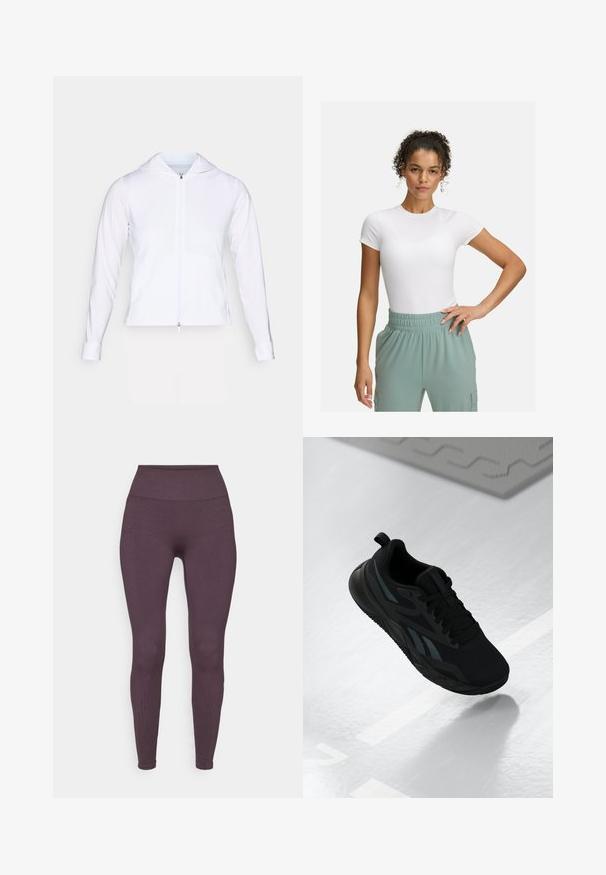 Balts, viegls, ar rāvējslēdzēju aizverams apģērbs ar kapuci, garām piedurknēm un pieguļošu dizainu. Izgatavots no gludas, elpojošas auduma ar stilīgu apdari.; Balta pieguļoša T-kreklā ar īsām piedurknēm, kombinēta ar gaiši zaļām elastīgām biksēm. Gluda tekstūra, minimālisma dizains, bez redzamām rakstainām detaļām.; Fabletics SEAMLESS HIGH WAISTED LEGGING - Legingi - deep plum; Melnas sporta kedas ar sietu augšpusi, ar teksturētām akcentiem un plakanu zoles formu. Iekļauta toņu zīmola nosaukuma atzīme un cilpa uz papēža.