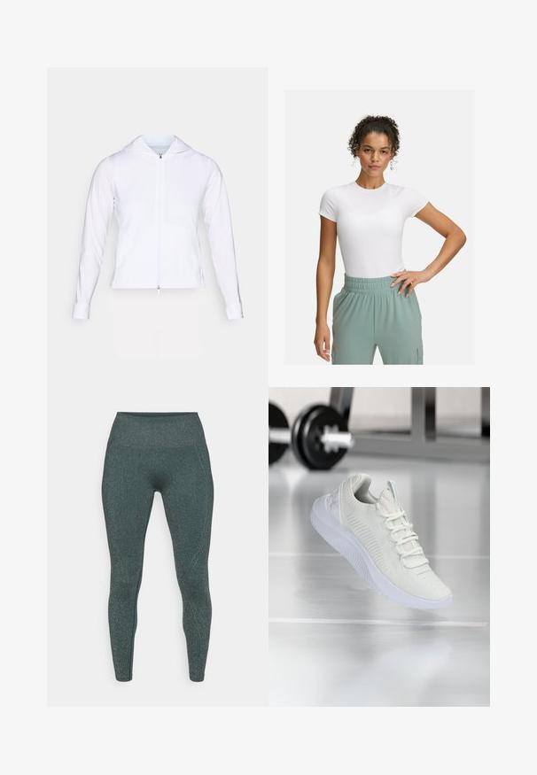 Bílá, lehká bunda na zip s kapucí, dlouhými rukávy a přiléhavým střihem. Vyrobena z hladké, prodyšné tkaniny s elegantním povrchem.; Bílá přiléhavá trička s krátkým rukávem, spárované se světlými zelenými kalhotami s elastickým pasem. Hladká textura, minimalistický design a žádné viditelné vzory.; Tmavě modré legíny s kovovým leskem. Vysoký pas, hladká textura a přiléhavý střih. Žádné viditelné švy nebo vzory.; Bílé atletické tenisky s texturovaným síťovým svrškem a systémem šněrování, s polstrovanou bílou podrážkou a jemnými žebrovanými detaily.
