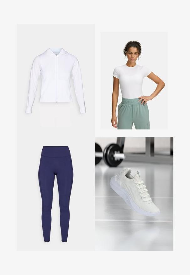 Bela, lahka jakna z zadrgo in kapuco, dolgimi rokavi in prilegajočim dizajnom. Narejena iz gladkega, zračnega materiala s sijajno površino.; Bela prilegajoča majica s kratkimi rokavi, kombinirana z lahkimi hlačami z elastičnim pasom v svetlo zeleni barvi. Gladka tekstura, minimalistična zasnova in brez vidnih vzorcev.; Mornarsko visoko pasu legice iz raztegljive tkanine. Opremljene so z ravnimi šivi in tesnim prileganjem, z dvema stranskima žepoma za shranjevanje.; Bela športna teniska z mrežastim zgornjim delom z teksturo in sistemom vezalk, ki ima oblazinjen beli podplat in subtilne rebraste detajle.