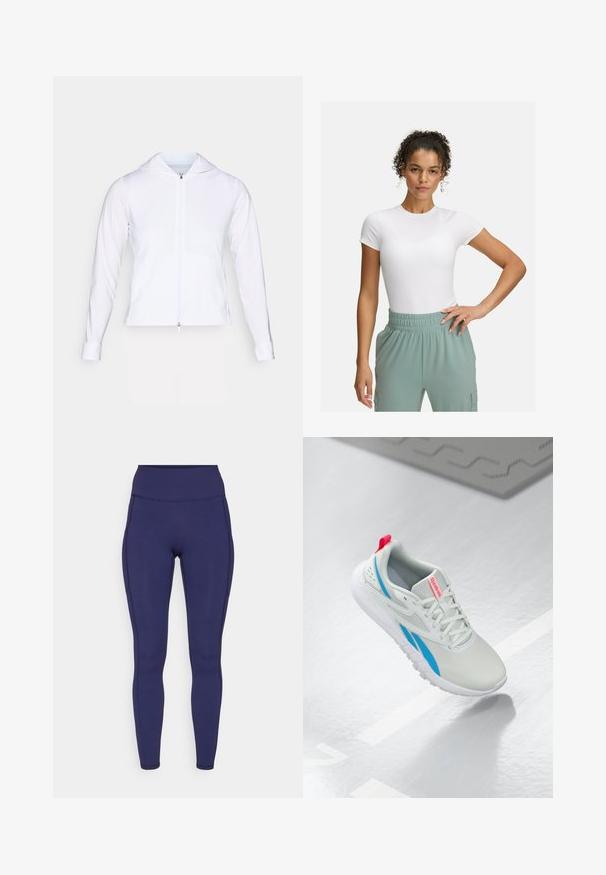Balts, viegls, ar rāvējslēdzēju aizverams apģērbs ar kapuci, garām piedurknēm un pieguļošu dizainu. Izgatavots no gludas, elpojošas auduma ar stilīgu apdari.; Balta pieguļoša T-kreklā ar īsām piedurknēm, kombinēta ar gaiši zaļām elastīgām biksēm. Gluda tekstūra, minimālisma dizains, bez redzamām rakstainām detaļām.; Jūras spēku augsto jostu legingi, kas izgatavoti no elastīga auduma. Iezīmē plakanas šuvi un ciešu piegriezumu, ar divām sānu kabatām uzglabāšanai.; Baltas un zils Reebok sporta apavu modelis ar sarkanu cilpu peld virs spīdīgas grīdas, blakus atrodas pelēks gumijas paklājs.