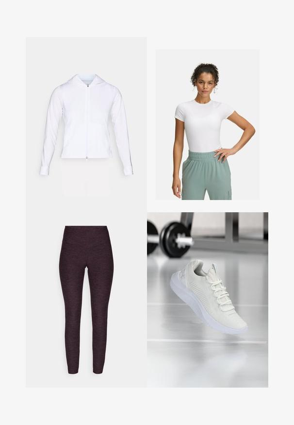 Biela, ľahká zateplená bunda s kapucňou, dlhými rukávmi a priliehavým strihom. Vyrobená z hladkej, priedušnej tkaniny s elegantným povrchom.; Biely priliehavý tričko s krátkymi rukávmi, kombinované s nohavicami so svetlozeleným elastickým pásom. Hladká textúra, minimalistický dizajn a žiadne viditeľné vzory.; Legíny v tmavo purpurovej melírované tkanine, s vysokým pásom a priliehavým strihom, s hladkou, elastickou textúrou.; Biele atletické tenisky s textúrovaným sieťovým zvrškom a systémom šnurovania, so zvýšenou bielou podrážkou a jemnými ryhovanými akcentmi.