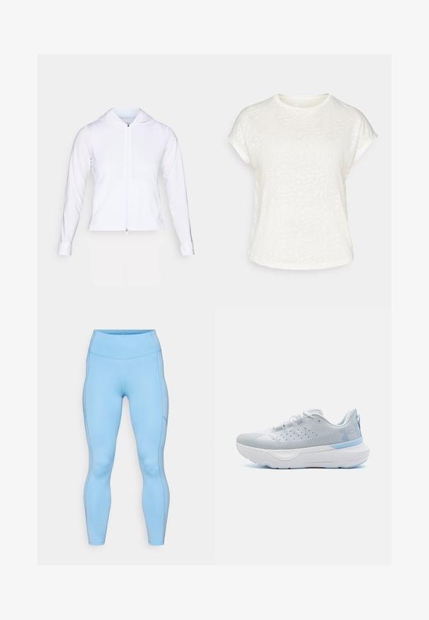 Biała, lekka kurtka zapinana na zamek błyskawiczny z kapturem, długimi rękawami i dopasowanym krojem. Wykonana z gładkiego, oddychającego materiału o eleganckim wykończeniu.; Biała koszulka z krótkim rękawem z teksturowanym kwiatowym wzorem, okrągłym dekoltem i luźnym krojem. Wykonana z miękkiego, lekkiego materiału.; Jasnoniebieskie legginsy wykonane z elastycznej tkaniny. Posiadają wysoki pasek w talii, gładką teksturę oraz zakrzywione szwy wzdłuż nóg.; Under Armour INFINITE szary