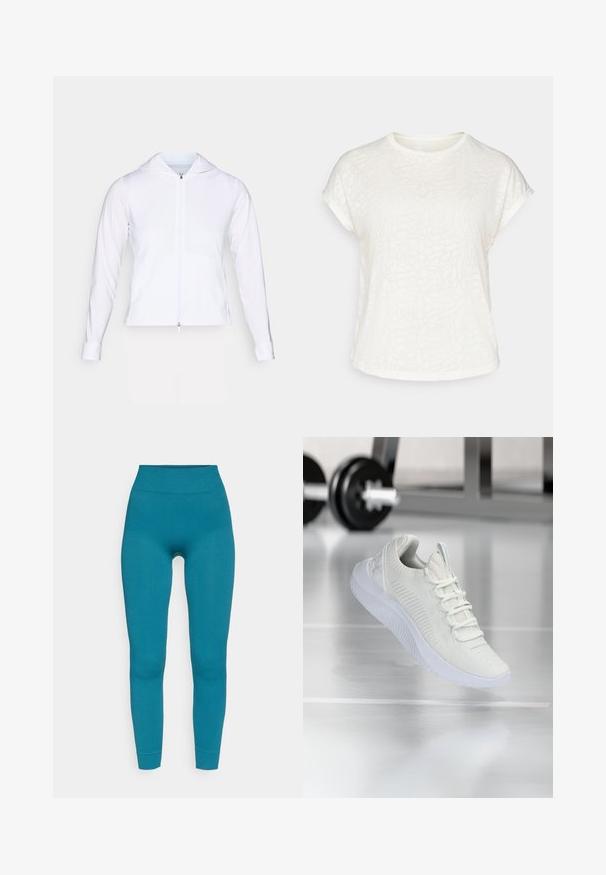 Chaqueta blanca, ligera, con cremallera y capucha, de mangas largas y diseño ajustado. Fabricada con un tejido suave y transpirable con un acabado elegante.; Camiseta blanca de manga corta con un patrón floral texturizado, cuello redondo y corte relajado. Fabricada en un tejido suave y ligero.; Leggings acanalados en color turquesa con una cintura alta, que presentan un diseño ajustado y tejido elástico. Sin patrones visibles ni acentos adicionales.; Zapatilla deportiva blanca con parte superior de malla texturizada y sistema de cordones, que presenta una suela blanca acolchada y sutiles acentos acanalados.