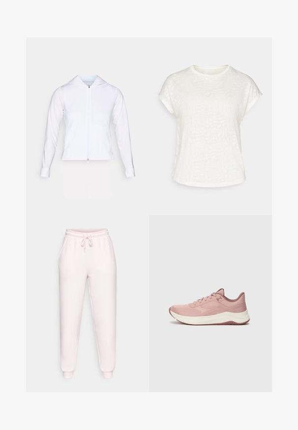 Balta, lengva užtrauktuko striukė su gobtuvu, ilgomis rankovėmis ir prigludusiu dizainu. Pagaminta iš lygaus, kvėpuojančio audinio su glotnia apdaila.; Balta trumpų rankovių marškinėliai su tekstūruotu gėlių raštu, apvaliu iškirpimu ir laisvu siluetu. Pagaminti iš minkštos, lengvos medžiagos.; Šviesiai rožinės kelnes pagamintos iš minkštos medžiagos, turinčios elastingą juostos dalį su raišteliu, šonines kišenes ir užsegimus ant kulkšnių.; Šviesiai rožinė sportinė batų pora su tinklo viršumi, paminkštintu apvadu ir baltu tarpu. Yra tekstūruoti raštai ir guma su sukibimu.