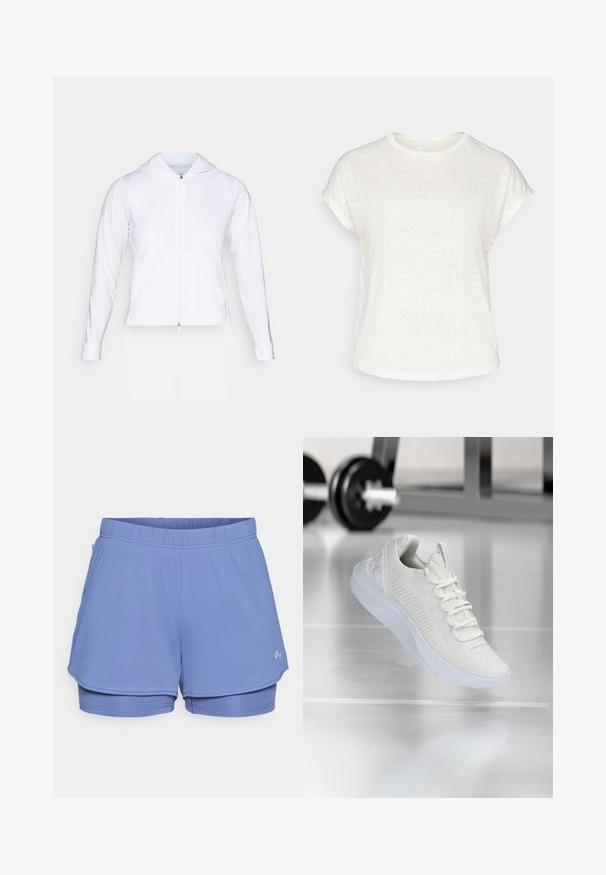 White, lightweight zip-up jacket with a hood, long sleeves, and fitted design. Made from smooth, breathable fabric with a sleek finish.; White short-sleeve t-shirt featuring a textured floral pattern, round neckline, and relaxed fit. Made from soft, lightweight fabric.; Light blue athletic shorts made from textured fabric, featuring an elastic waistband, inner liner, and a subtle logo on the side.; White athletic sneaker with a textured mesh upper and lacing system, featuring a cushioned white sole and subtle ribbed accents.