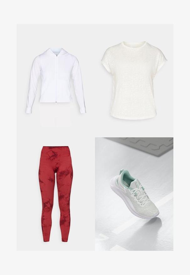 Weiße, leichte Zip-Jacke mit Kapuze, langen Ärmeln und tailliertem Design. Hergestellt aus glattem, atmungsaktivem Stoff mit einem eleganten Finish.; Weißes T-Shirt mit kurzen Ärmeln, das ein strukturiertes Blumenmuster, einen runden Halsausschnitt und einen lässigen Schnitt aufweist. Hergestellt aus weichem, leichtem Stoff.; ONLY Play ONPTIE SEAM - Tights - sun dried tomato; Hellgraue Sportchuhe mit einem strukturierten Strickoberteil, mintgrünen Akzenten, weißen Schnürsenkeln, Gummisohle und einer Schlaufe an der Ferse.