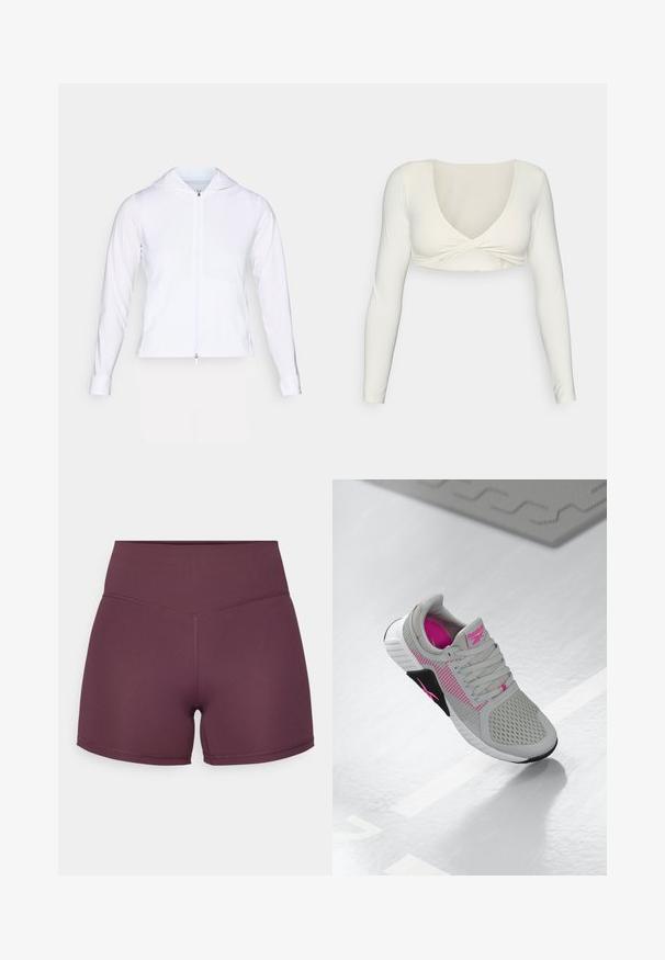 Valge, kerge pehmest materjalist tõmblukuga jakk, millel on kapuuts, pikad varrukad ja jõudnud disain. Valmistatud siledast, hingavast kangast, mis omab sujuvat viimistlust.; Valge pika varrukaga lühike topp, millel on sügav V-kujuline kaelus ja keeratud esikujundus, valmistatud siledast ja venivast kangast.; Lilla sportlühikesed püksid venivast kangast, kõrge vöökohaga ja sujuva tekstuuriga, millel on vastandlike õmbluste detail.; Hallhalli ja roosa Reebok spordijalats, millel on võrgusilma ülemine ja detailne tallakujundus, väljapanek peegeldaval valgel pinnal.