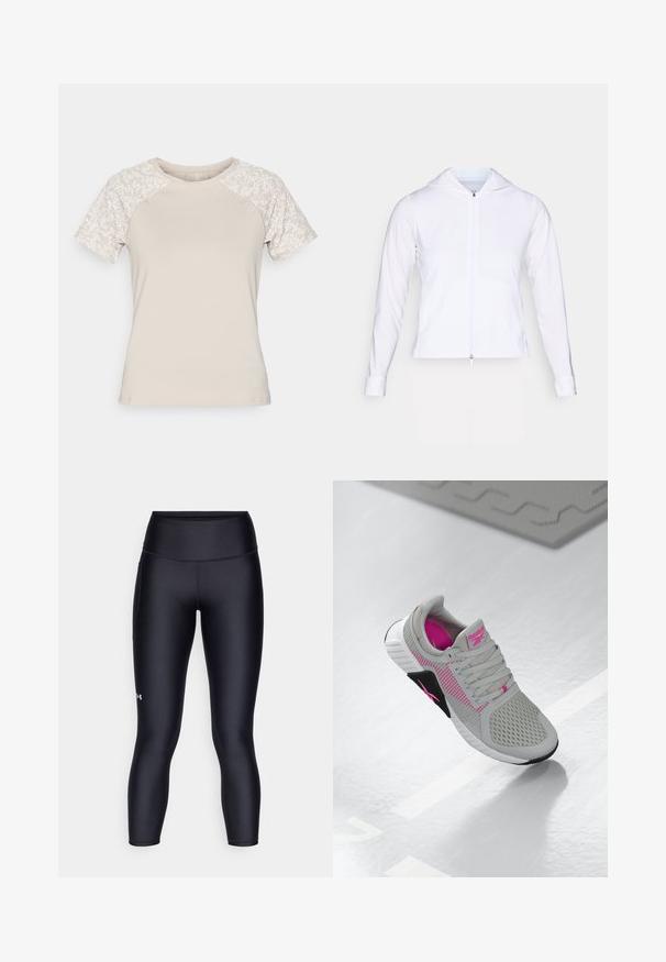 Hvit, lett zip-jakke med hette, lange ermer og figursydde detaljer. Laget av glatt, pustende stoff med en elegant overflate.; Beige t-skjorte med korte ermer; teksturert kropp og blomster mønstrede ermer. Rund hals; myk stoff. Passer for avslappet bruk.; Svarte leggings laget av glatt, elastisk stoff. Høyt liv med tettsittende passform og en liten logo på venstre ben.; Grå og rosa Reebok treningssko med mesh-overdel og detaljert såle, vist frem på en reflekterende hvit overflate.
