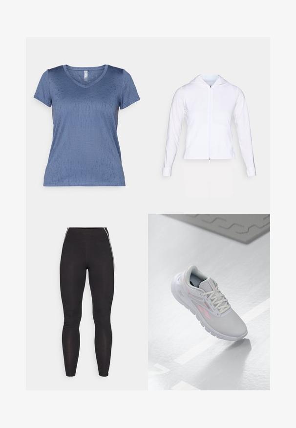 Vit, lättvikts zip-up jacka med huva, långa ärmar och åtsittande design. Tillverkad av ett slätt, andningsbart tyg med en elegant finish.; Blå V-ringad t-shirt gjord av mjukt, strukturerat tyg med korta ärmar och ett subtilt mönster. Har en rak nederkant och lätt design.; Svarta leggings i elastiskt material med hög midja. Har vita sidostreifen och en slät yta genom hela plagget.; Ljust grå sportskor med rosa accenter, mesh-ovandel, rund tå, vadderad sula och snörning. Ytan är slät och reflekterande.