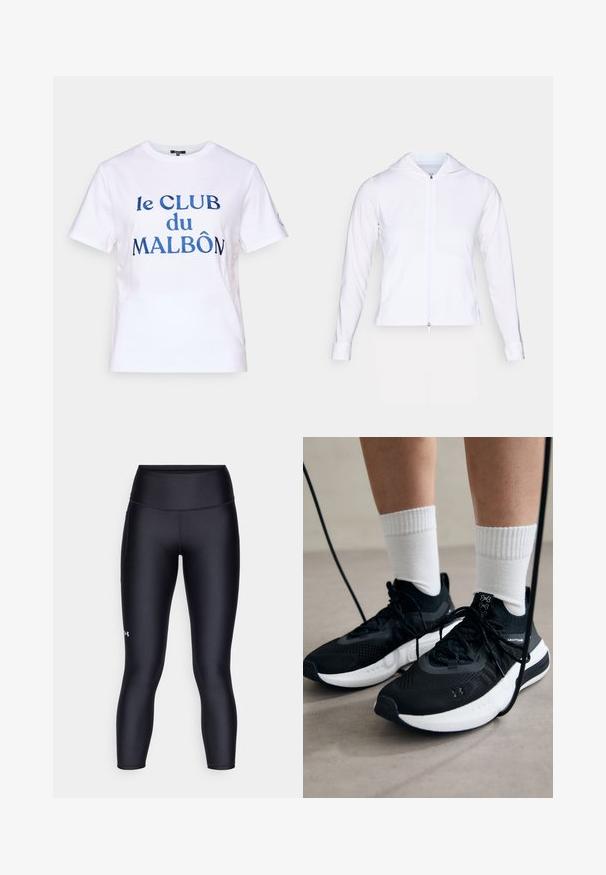 Hvit, lett zip-jakke med hette, lange ermer og figursydde detaljer. Laget av glatt, pustende stoff med en elegant overflate.; Hvit bomull t-skjorte med korte ermer. Har blå brodert tekst "le CLUB du MALBÔN." Klassisk rundhalsdesign.; Svarte leggings laget av glatt, elastisk stoff. Høyt liv med tettsittende passform og en liten logo på venstre ben.; Svarte treningssko med teksturert stoff, hvit såle og svarte snøringer. Brukt med hvite ribbestrikkede sokker, stående på en lys overflate.