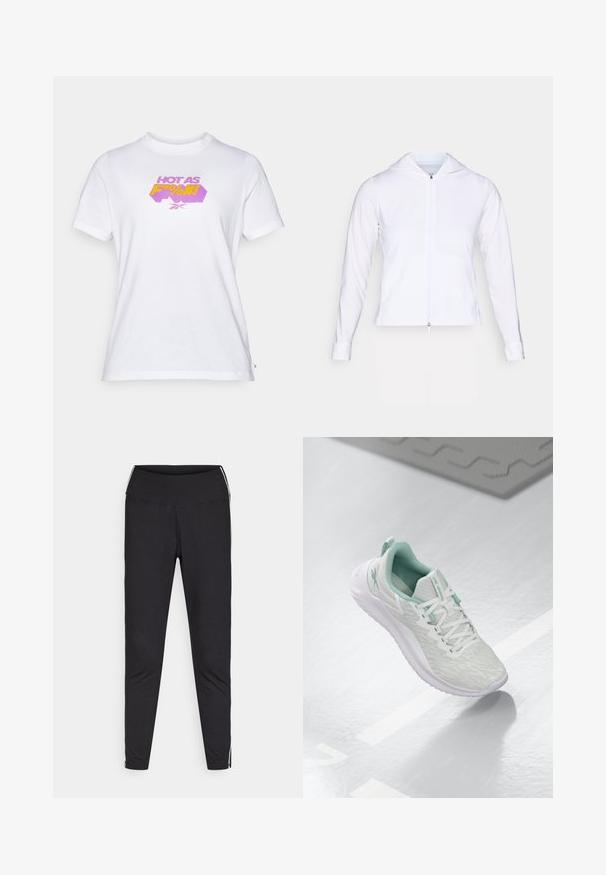 Valge, kerge pehmest materjalist tõmblukuga jakk, millel on kapuuts, pikad varrukad ja jõudnud disain. Valmistatud siledast, hingavast kangast, mis omab sujuvat viimistlust.; Valge puuvillane T-särk, millel on silmatorkav graafiline print lillaka ja kollase tekstiga "KUUM KUI KURAT!". Lühikesed varrukad ja ümar kaelus.; Mustad must leggings venivast kangast. Kõrge vöökoht, kitsenev lõige, valged külgtriibud välimistel õmblustel. Sile pind.; Heledad hallitushallide spordijalanõud tekstuurse kudumise ülaosaga, mündiroheline aktsent, valged nöörid, kummist tald ja tõmblõng kandmisel.