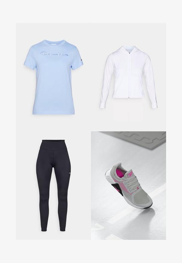 White, lightweight zip-up jacket with a hood, long sleeves, and fitted design. Made from smooth, breathable fabric with a sleek finish.; Light blue cotton t-shirt with short sleeves, featuring a stitched "Champion" logo in darker blue across the chest. Classic crew neckline.; High-waisted black leggings made of stretch fabric, featuring a smooth texture and a small logo on the lower leg. Form-fitting design.; Gray and pink Reebok athletic sneaker with mesh upper and detailed sole, displayed on a reflective white surface.
