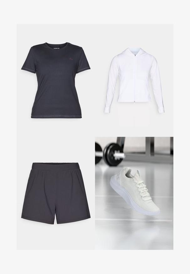 White, lightweight zip-up jacket with a hood, long sleeves, and fitted design. Made from smooth, breathable fabric with a sleek finish.; Short-sleeve, crew-neck t-shirt in dark navy with a smooth texture and contrasting pink logo accent on the chest.; Black athletic shorts made of lightweight, stretchy fabric. Features an elastic waistband and a simple, unembellished design.; White athletic sneaker with a textured mesh upper and lacing system, featuring a cushioned white sole and subtle ribbed accents.