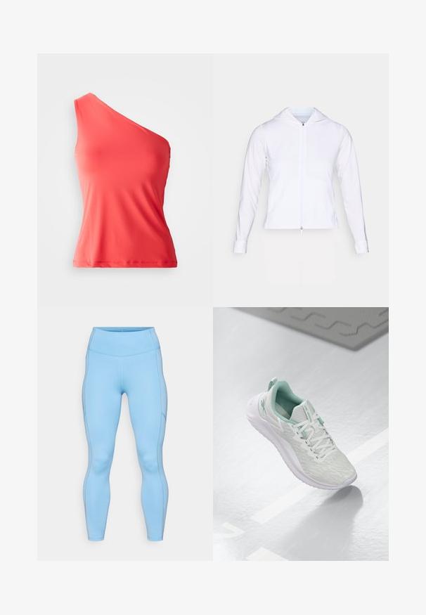 Valge, kerge pehmest materjalist tõmblukuga jakk, millel on kapuuts, pikad varrukad ja jõudnud disain. Valmistatud siledast, hingavast kangast, mis omab sujuvat viimistlust.; Asümmeetriline korallikaelusega tank-top, mis on valmistatud siledast ja venivast kangast, üheahelalise õlavarre ja sobiva silueti kannab.; Heledad sinised leggingid, mis on valmistatud venivast kangast. Omavad kõrget vööd, siledat tekstuuri ja kaarjad õmblused piki jalgu.; Heledad hallitushallide spordijalanõud tekstuurse kudumise ülaosaga, mündiroheline aktsent, valged nöörid, kummist tald ja tõmblõng kandmisel.