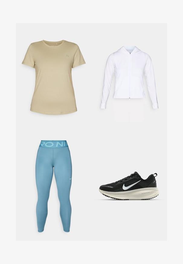 White, lightweight zip-up jacket with a hood, long sleeves, and fitted design. Made from smooth, breathable fabric with a sleek finish.; Beige short-sleeve t-shirt in a smooth, stretchy fabric. Features a round neckline and a subtle logo in the upper left chest area.; Light blue athletic leggings with a smooth texture and high waistband featuring "PRO NIKE" lettering. Includes a small white Nike logo.; Black Nike running shoe with breathable mesh upper, white swoosh logo, textured detailing, and a cream-colored ZoomX midsole.