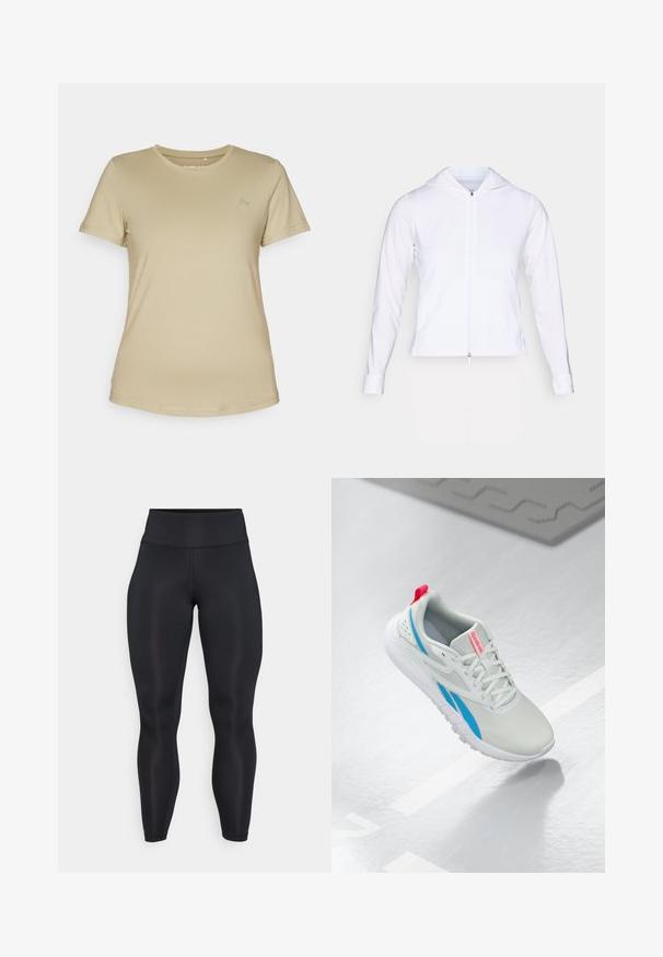 Veste blanche légère à fermeture éclair avec capuche, manches longues et coupe ajustée. Fabriquée en tissu lisse et respirant avec une finition élégante.; T-shirt beige à manches courtes en tissu lisse et extensible. Il possède un col rond et un logo discret dans la partie supérieure gauche de la poitrine.; Leggings noirs taille haute, longs, en tissu lisse avec des coutures visibles à l'avant et à la ceinture.; Baskets Reebok blanches et bleues avec une languette rouge flottant au-dessus d'un sol brillant, avec un tapis en caoutchouc gris à proximité.