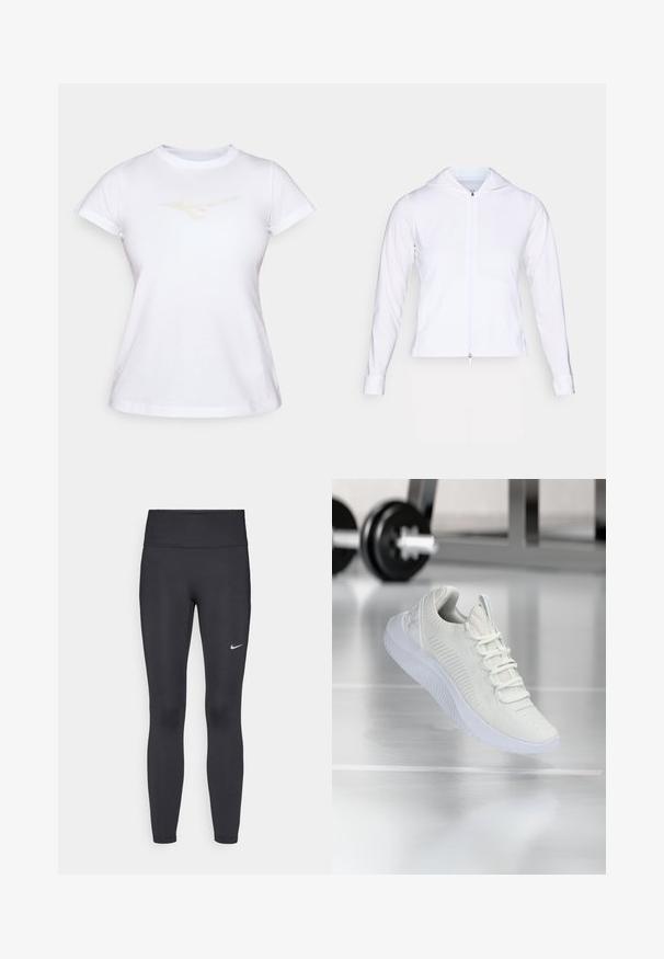 Hvit, lett zip-jakke med hette, lange ermer og figursydde detaljer. Laget av glatt, pustende stoff med en elegant overflate.; Hvit bomull t-skjorte med korte ermer og rund hals; har et subtilt, lysfarget logo trykket på brystet.; Sorte leggings laget av elastisk stoff, med høy livlinje og en hvit Nike-logo på venstre lår. Glatt tekstur, kroppsnær passform.; Hvit atletisk sneaker med et teksturert mesh-overdel og snøring, med en polstret hvit såle og subtile ribbede detaljer.