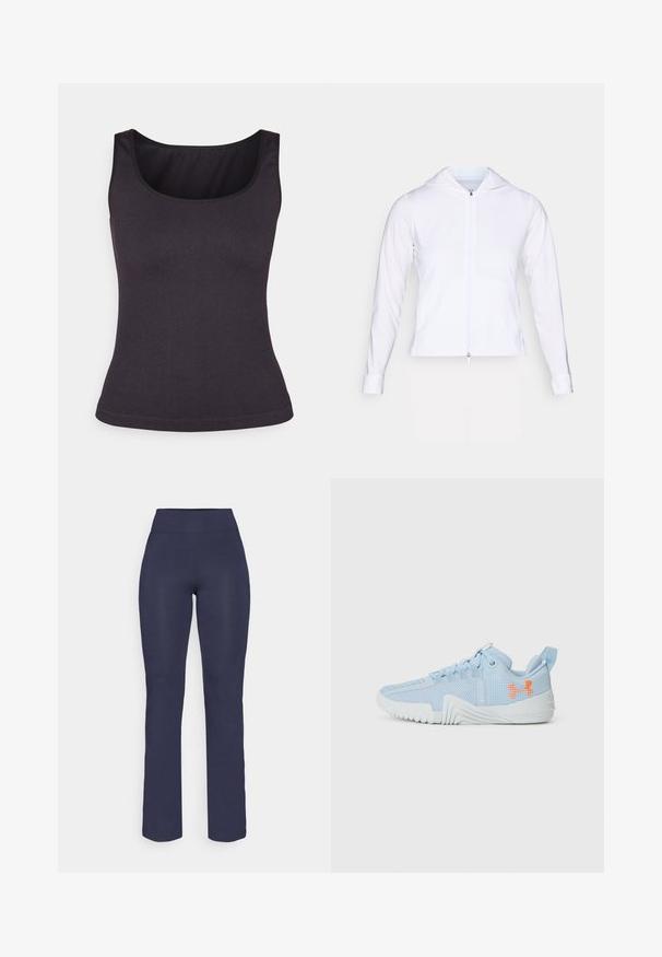 Bijela, lagana jakna sa zatvaračem, kapuljačom, dugim rukavima i prilagođenim dizajnom. Izrađena od glatkog, prozračnog materijala s elegantnim završetkom.; Tamno sivi rebrasti majica bez rukava s izrezom i tankim naramenicama, s prilagođenim krojem i glatkom teksturom.; Tamno plave, uske tajice za jogu s visokim strukom i ravnim nogavicama izrađenima od glatkog, rastezljivog materijala. Nema vidljivih uzoraka ili ukrasa.; Svjetloplave atletske tenisice napravljene od mrežastog materijala s teksturiranim potplatom, s narančastim logotipom i dizajnom s vezicama.