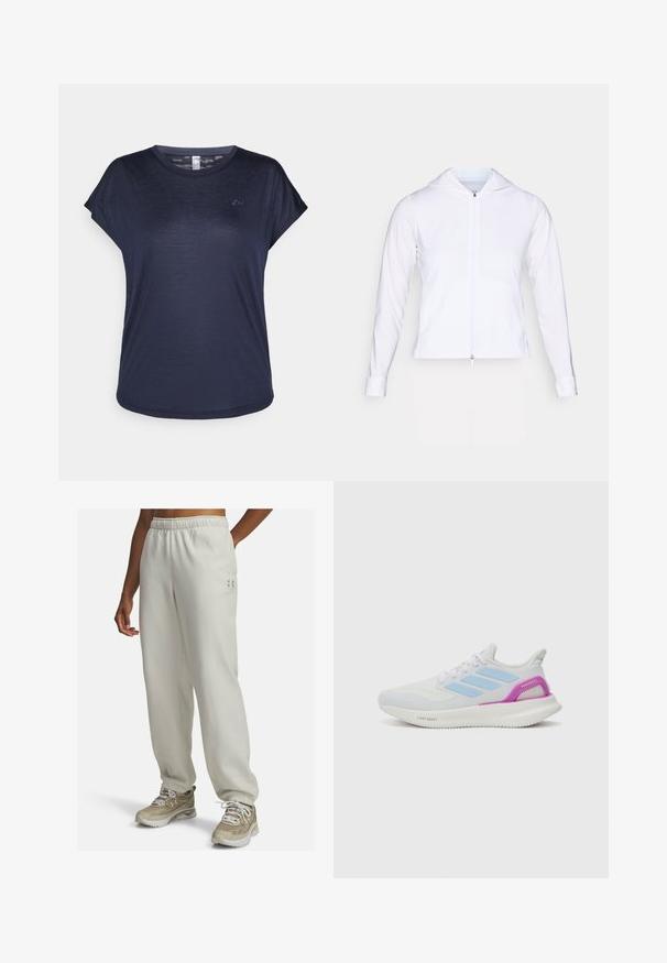 Witte, lichtgewicht ritsjack met capuchon, lange mouwen en een aangesloten ontwerp. Gemaakt van gladde, ademende stof met een elegante afwerking.; Marineblauw t-shirt met korte mouwen, gemaakt van lichtgewicht stof, met een ronde halslijn en subtiele logo-detail op de borst.; Lichtgrijze sweatpants met een elastische tailleband en boorden. Zacht materiaal, zijzakken en subtiele branding op de dij. Gecombineerd met tan sneakers.; adidas Performance PUREBOOST 5 - Hardloopschoenen voor op de weg - white/glow blue/purple burst