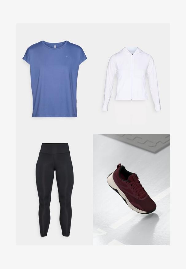 Hvit, lett zip-jakke med hette, lange ermer og figursydde detaljer. Laget av glatt, pustende stoff med en elegant overflate.; Kortermet t-skjorte med rund hals i lyseblå, laget av glatt stoff. Har en subtil logo på brystet og en avslappet, løs passform.; Svarte høy midje full-lengde leggings med glatt stoff og synlige søm detaljer foran og i midjebåndet.; Burgunderfargede treningssko med mesh-overdel, svarte detaljer og en polstret hvit såle. Har snøring og et trekkpunkt på hælen.