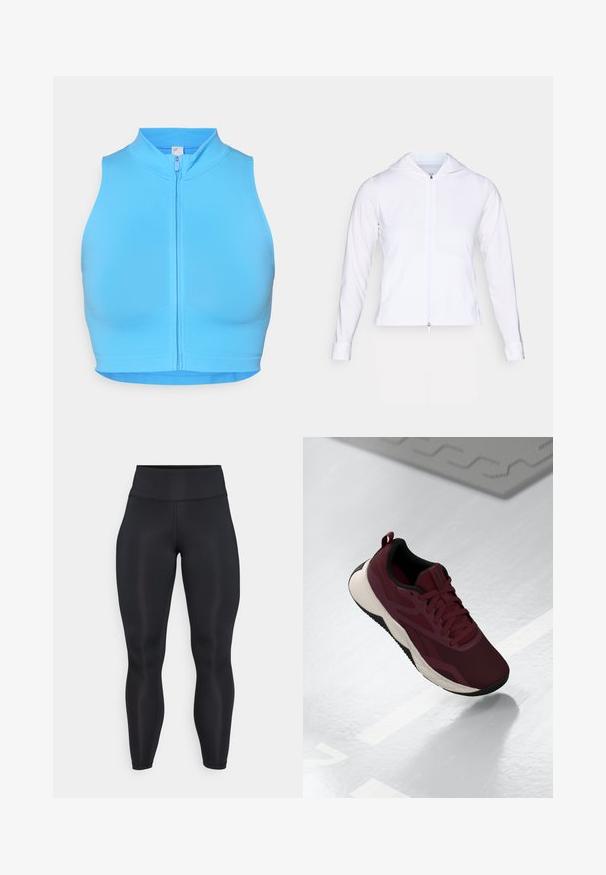 Witte, lichtgewicht ritsjack met capuchon, lange mouwen en een aangesloten ontwerp. Gemaakt van gladde, ademende stof met een elegante afwerking.; Helderblauwe sporttop met korte mouwen, hoge kraag en ritssluiting aan de voorkant. Gemaakt van rekbaar materiaal, met een gladde textuur en zonder patronen.; Zwarte hoge taille full-length leggings van gladde stof met zichtbare naden aan de voorkant en op de tailleband.; Bordeaux sportieve schoen met een bovenwerk van mesh, zwarte accenten en een gewatteerde witte zool. Voorzien van een vetersluiting en een trekband aan de hiel.