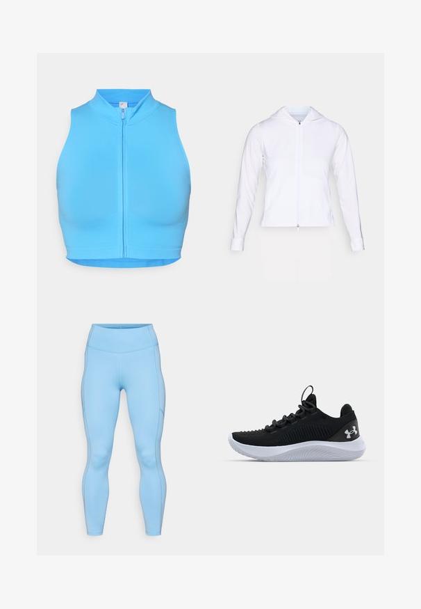 Jachetă albă, ușoară, cu fermoar și glugă, cu mâneci lungi și design ajustat. Confeționată dintr-un material neted, respirabil, cu un finisaj elegant.; Top sportiv scurt, de culoare albastru strălucitor, cu guler înalt și fermoar frontal. Fabricat dintr-un material elastic, având o textură netedă și fără modele.; Leggings de culoare albastru deschis, realizate dintr-un material elastic. Prezintă un talie înaltă, o textură netedă și cusături curbe pe lângă picioare.; Pantofi sport negri cu un upper din plasă respirabilă, detalii texturate și o talpă din cauciuc albă. Au șireturi plate și o bandă pentru a-i trage de pe călcâi.