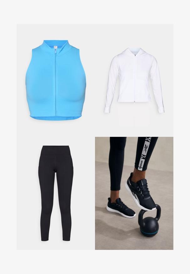 Bílá, lehká bunda na zip s kapucí, dlouhými rukávy a přiléhavým střihem. Vyrobena z hladké, prodyšné tkaniny s elegantním povrchem.; Jasně modrý zkrácený sportovní top s vysokým límcem a předním zipem. Vyrobený z elastického materiálu, s hladkou texturou a bez vzorů.; Černé legíny s vysokým pasem vyrobené z elastického materiálu, s hladkou texturou a přiléhavým střihem, který sahá až k kotníkům.; Černé sportovní boty s texturovaným svrškem, bílou podrážkou a šedými akcenty, umístěné na černém kettlebellu s modrým pruhem, na neutrálním pozadí.